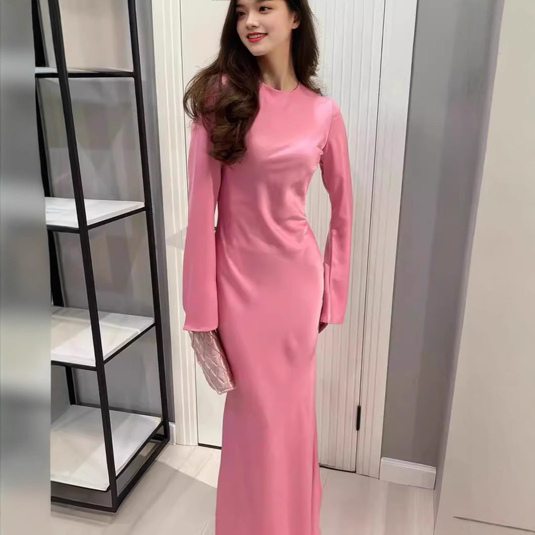 Élégant French Dress: Solid Color, Long Sleeve Bodycon Midi Skirt - Timeless Fall Transition