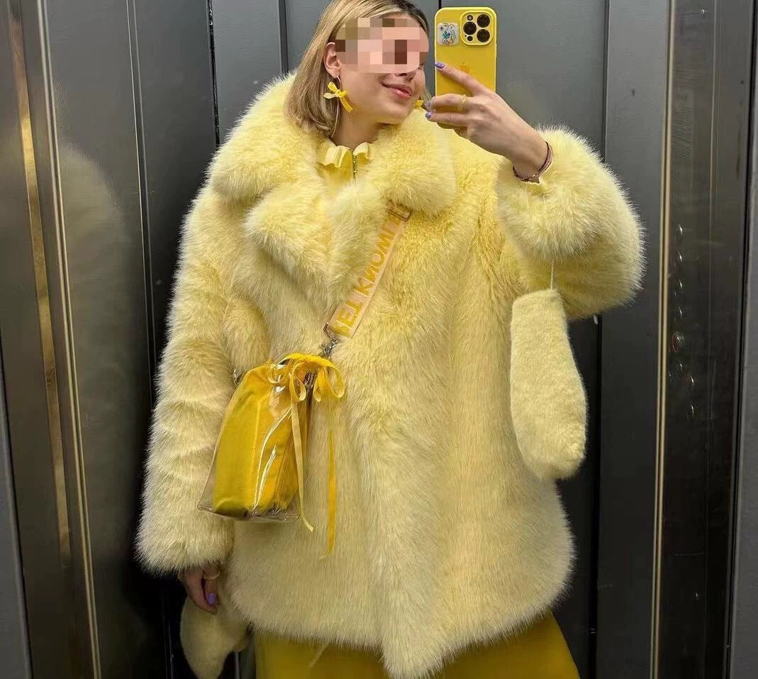 Teddy Luxe Faux Fur Coat Notch Lapel Long Sleeve Winter Warm Women’s