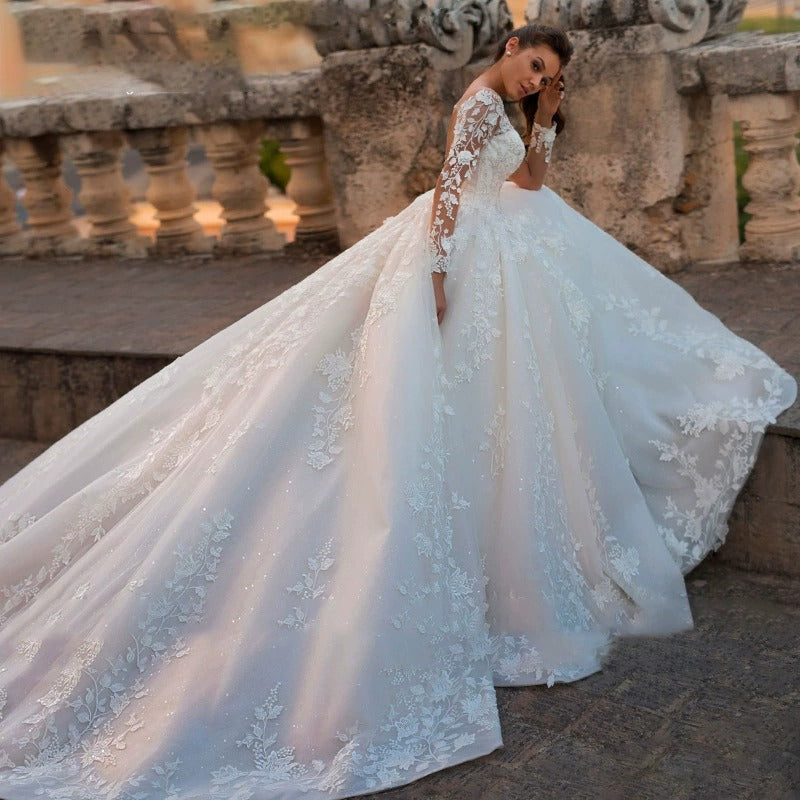 Ethereal V-Neck Wedding Gown | Vintage-Inspired Train & Long Sleeves | Fairy Mori Princess Silhouette