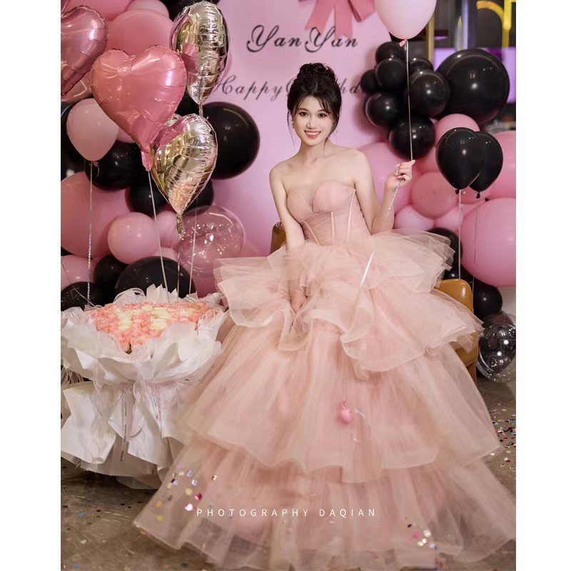 Pink Evening Dress Women's High-end Tube Top Light Wedding Dress French Banquet Light Dress Adult Dress Trailing Princess Dress