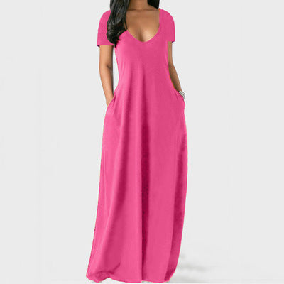 Summer Trending Plus Size Solid Color Maxi Dress - Sexy Deep V-Neck Short Sleeve