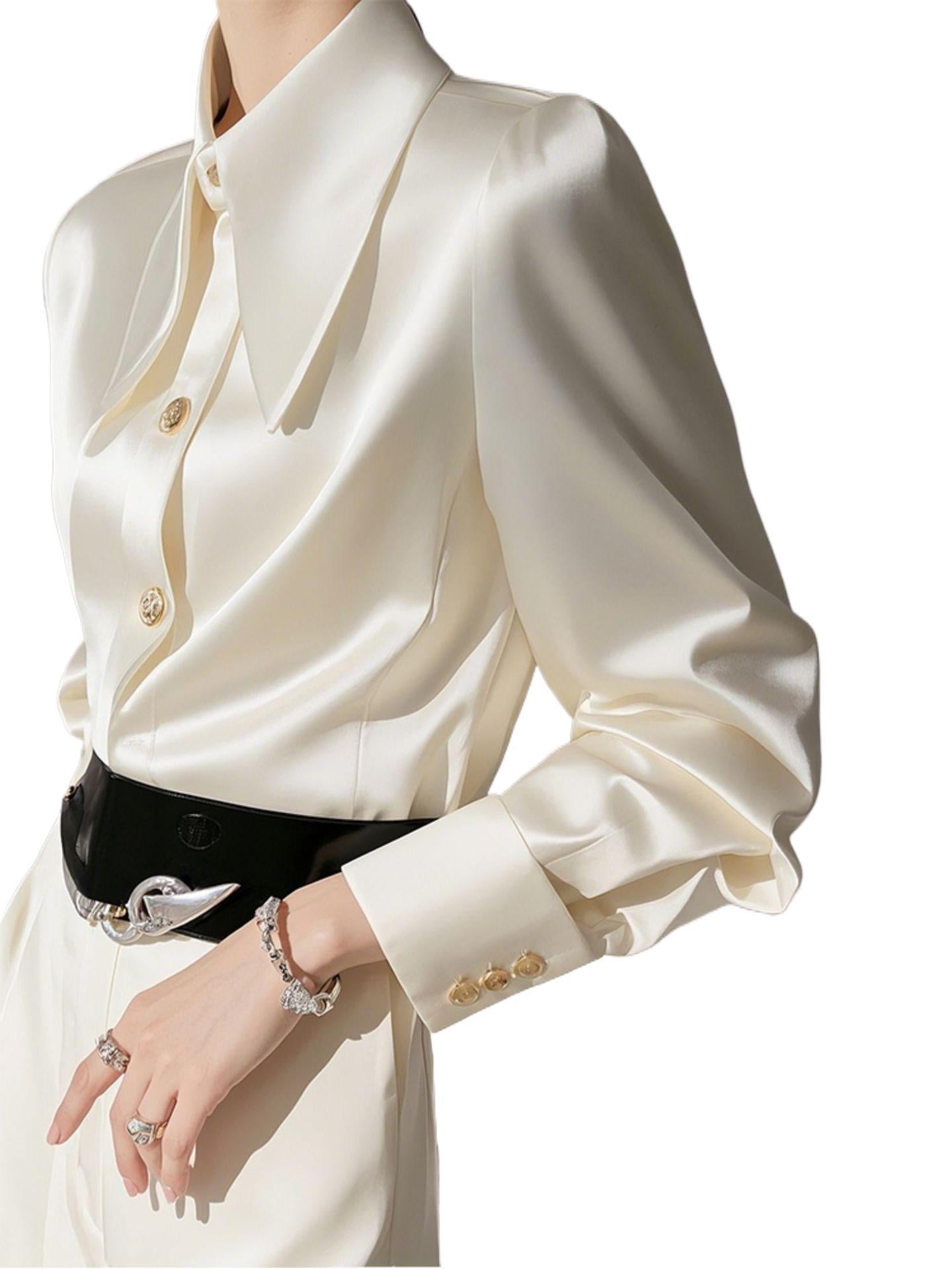 Chic French Cropped Satin Shirt - Creamy White Acetic Acid Spring Autumn Blouse
