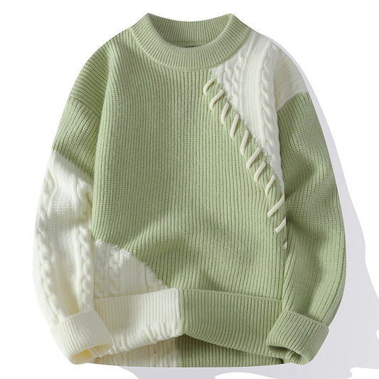 Contrasting Color Crew Neck Pullover Sweater Men's Spring Autumn Winter New Knitted Loose Casual Long-sleeved Bottoming