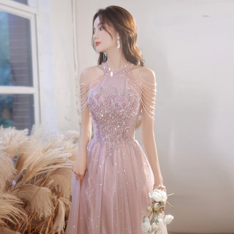 Dusty Pink Evening Gown: Celebrity Style Light Luxury Party Dress for Wedding Banquet, Birthday & Holiday Hostess