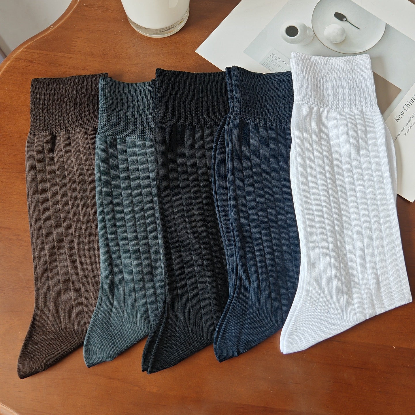 Mercerized Cotton Thin Men's Business Cotton Socks, Solid Color Vertical Strip Socks, Boneless Seam Toe Men's Socks