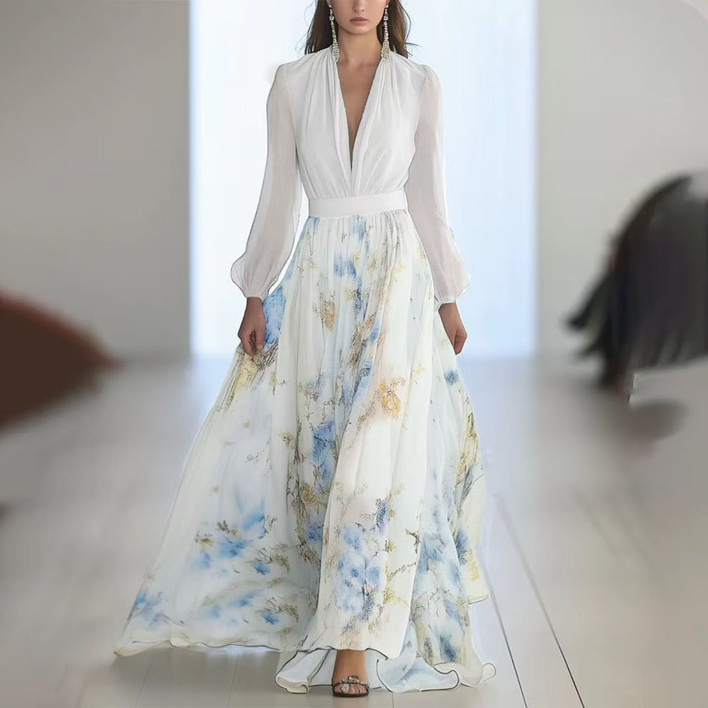 Dark Academia Maxi Dress - Artistic Digital Print V-Neck with Contrast Panelled Sleeves