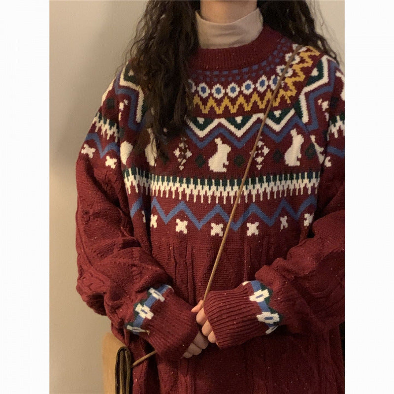 New Year's Red Sweater for Women's Autumn and Winter New Lazy Wind Niche Knitted Sweater for Women