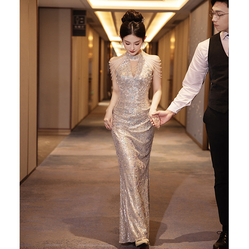 Gala Evening Dress with Champagne Fringe & Sequin Fishtail