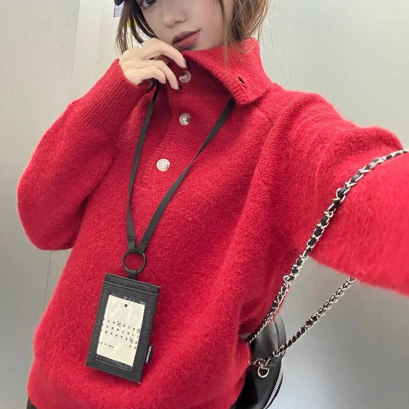 Design Sense New Year's Turtleneck Red Sweater Women's New Lazy Style Casual Knitted Sweater Women