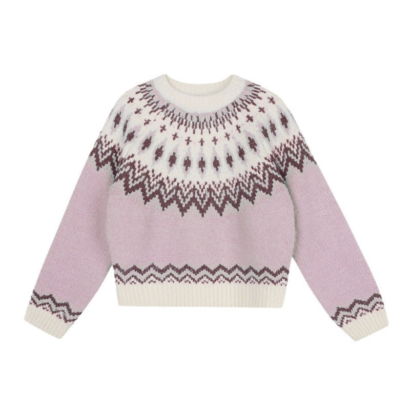 Pink Jacquard Sweater for Women's Autumn and Winter New Age-reducing College Style Pullover for Women
