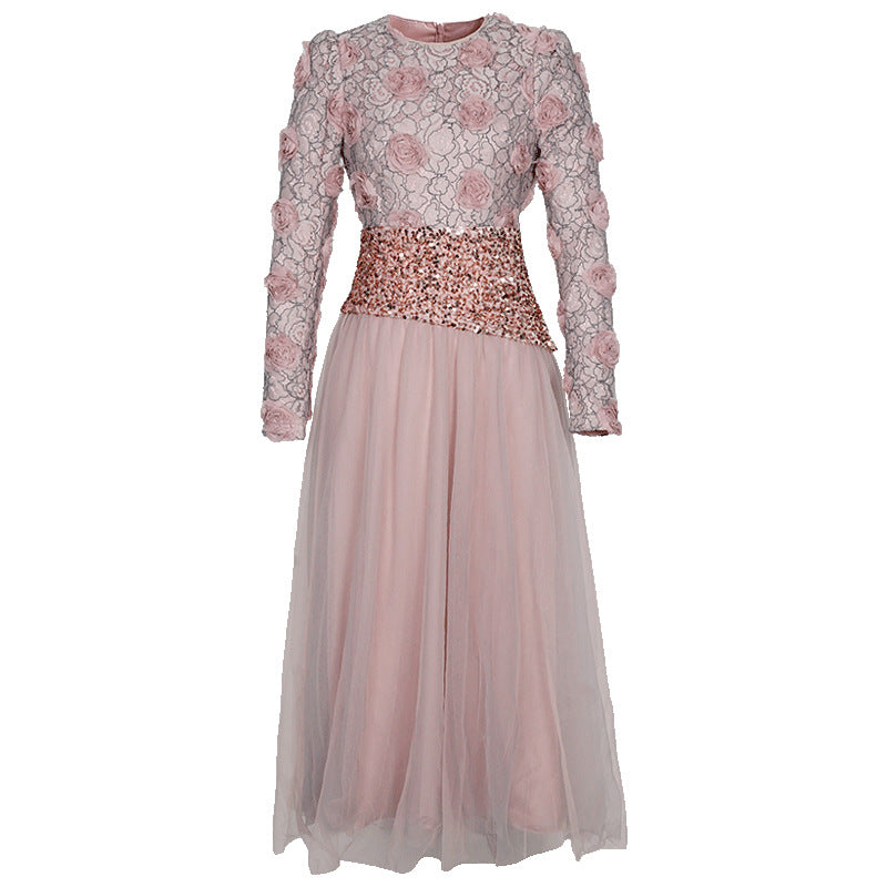Women’s French-Inspired 3D Floral Sequin Mesh Waist Dress, Elegant Spring & Autumn Party Dress