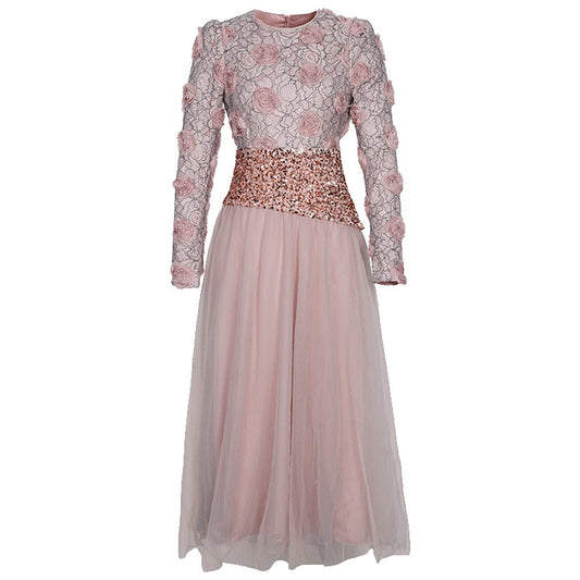 Women’s French-Inspired 3D Floral Sequin Mesh Waist Dress, Elegant Spring & Autumn Party Dress