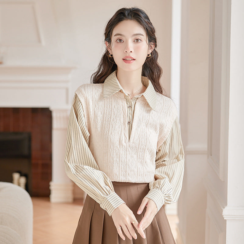 Spring New Sweet Fake Two-piece Contrasting Striped Long-sleeved Shirt Women's Design Sense Splicing Knitted Top