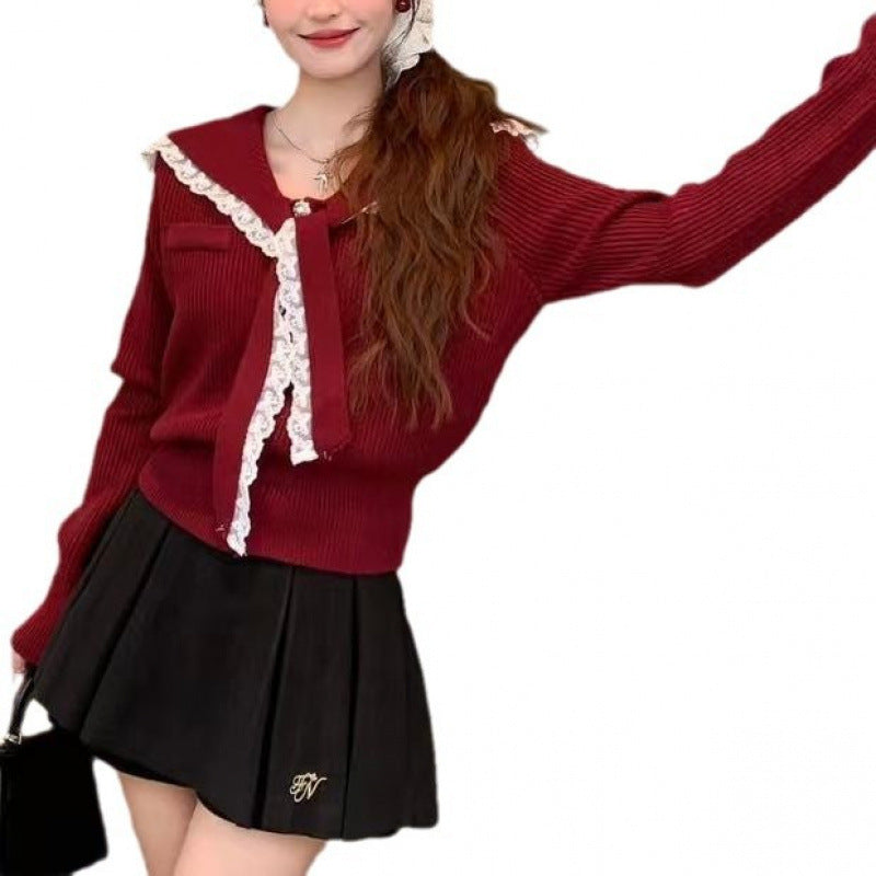 Solid Color Lace Edge Knitted Cardigan Women's Spring New Lace-up Lapel Splicing Top Women
