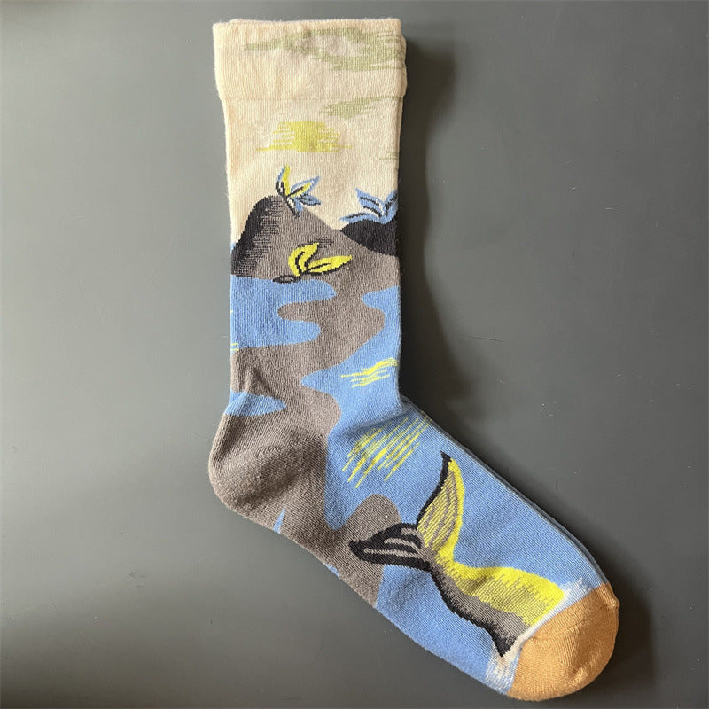 New Product Mid Calf Socks Women Oil Painting Socks Niche Fun Literary and Artistic Color Socks