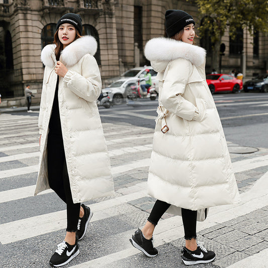 Women's long cotton-padded clothes hooded large sweater collar cotton-padded clothes are fashionable and versatile, simple and detachable fur collar jackets are trendy.