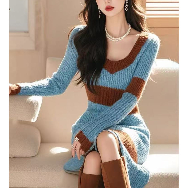 Cozy Blue Knit Dress & Coat Set for Winter, Thermal Chic Holiday Season