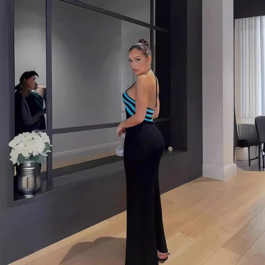 New Women's Clothing Fashionable and Sexy Suspender Backless Striped Color Matching Slim-fitting Hip-wrapped Dress