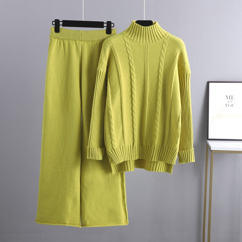 High-end Semi-turtleneck Sweater Wide-leg Pants Set Women's Autumn and Winter New Fashion Age-reducing Knitted Two-piece Set