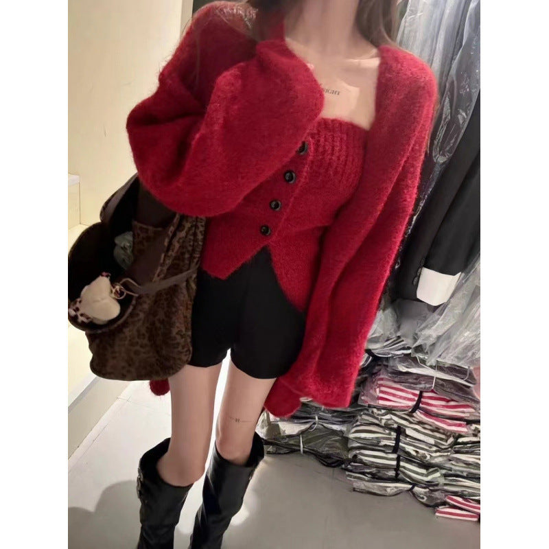 Sexy Tube Top Cardigan Women's Autumn and Winter New Gentle Soft Waxy Lazy Wind Sweater-2 PCS SET