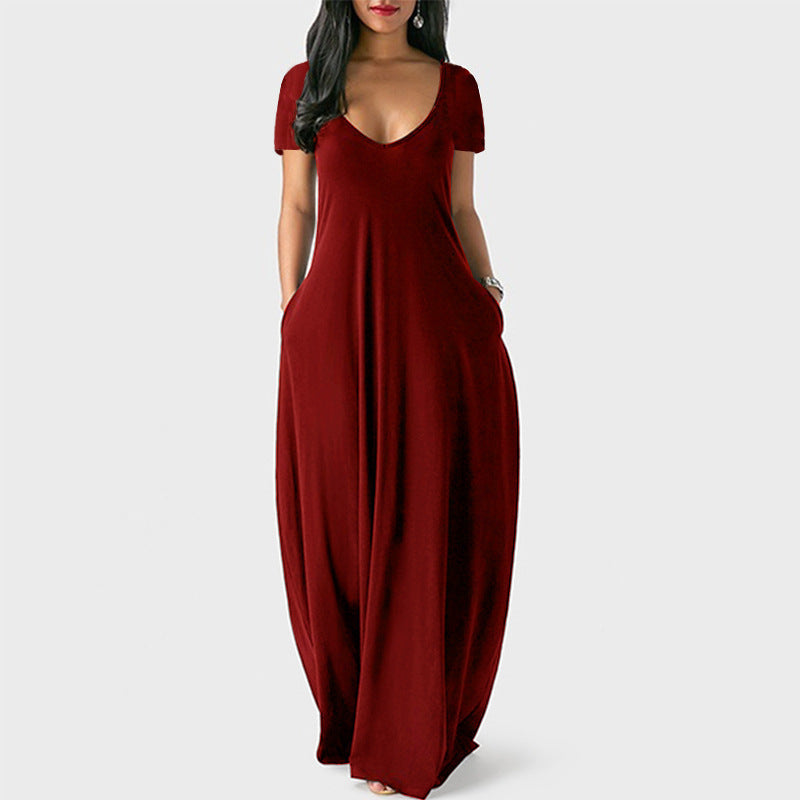 Summer Trending Plus Size Solid Color Maxi Dress - Sexy Deep V-Neck Short Sleeve