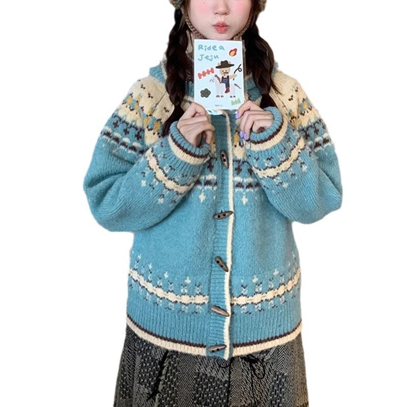 Jacquard Sweater for Women's Autumn and Winter New Horn Buckle Knitted Cardigan Jacket for Women