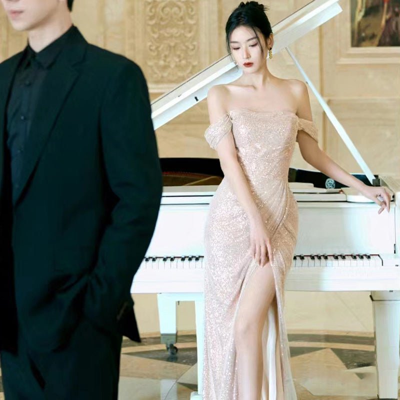 Evening Dress Fine Flash Light Luxury High Temperament Bridal Engagement Banquet Dress One-word Shoulder French Travel Photo Light Wedding Dress