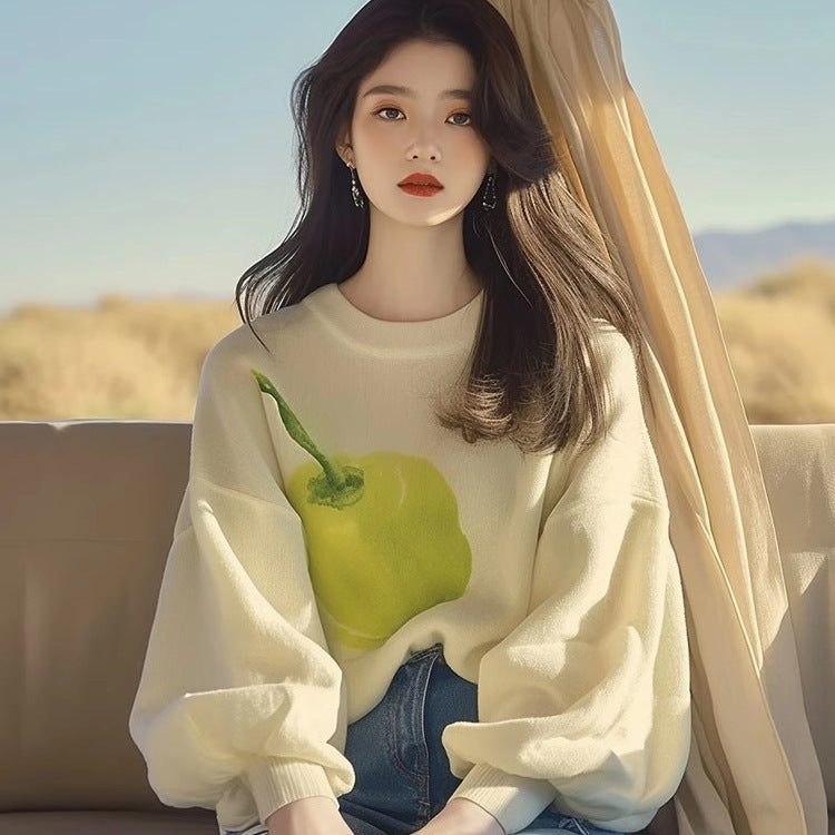 Women’s Oversized Apricot Print Lightweight Knit Sweater | Casual Chic Lazy Style Layering Top