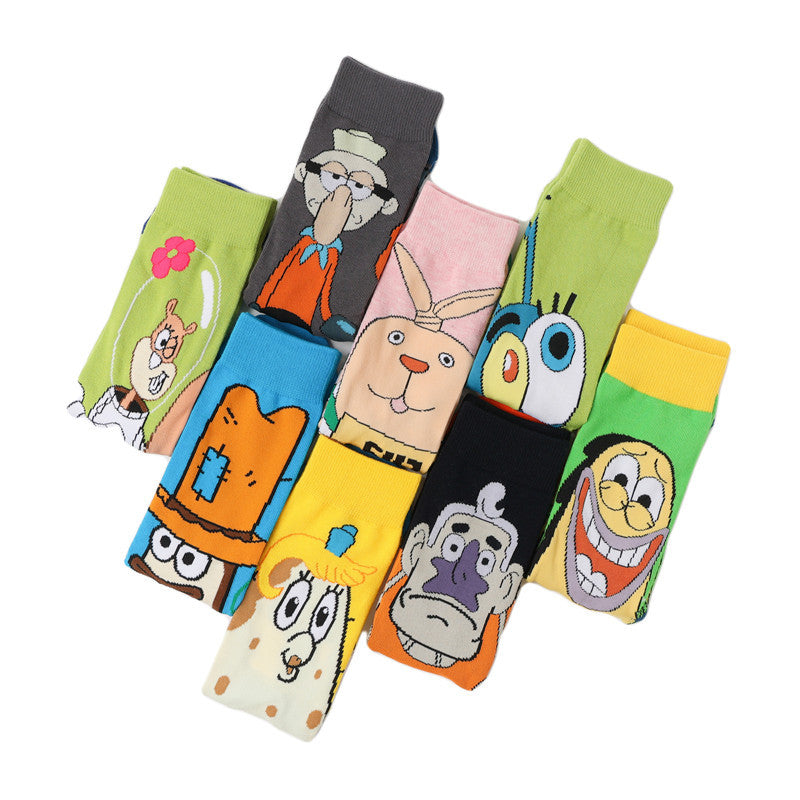 Tide Socks Cotton Cute Animation Socks Cartoon Men's Flower Socks Medium Tube Socks Women's Stockings-5PRS