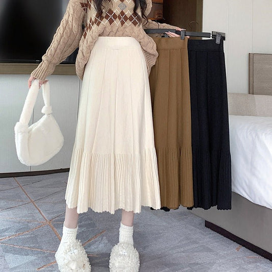 Pleated Knitted Skirt Women's Autumn and Winter New Fashion High Waist Korean Version Casual and Thin Big Swing Skirt A-shaped Skirt Umbrella Skirt