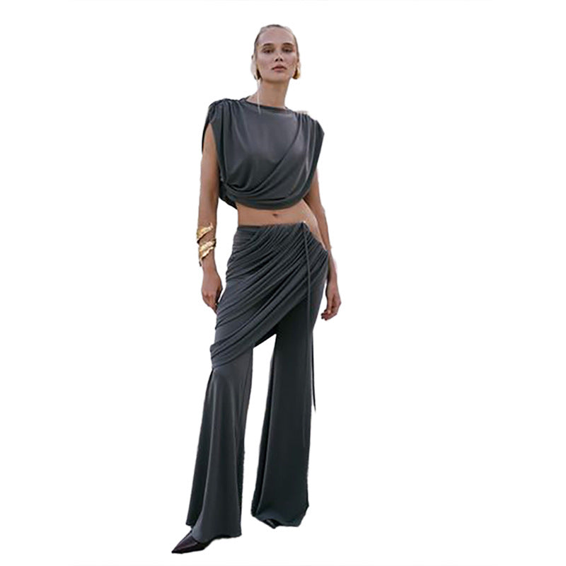 Trendy Women’s Pleated Round-Neck Tee & Asymmetric High-Waisted Trousers Set - Fall Winter Essentials