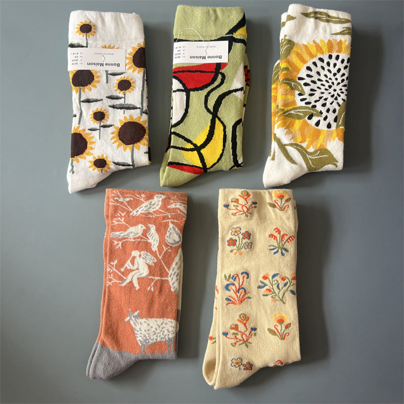 New Product Mid Calf Socks Women Oil Painting Socks Niche Fun Literary and Artistic Color Socks