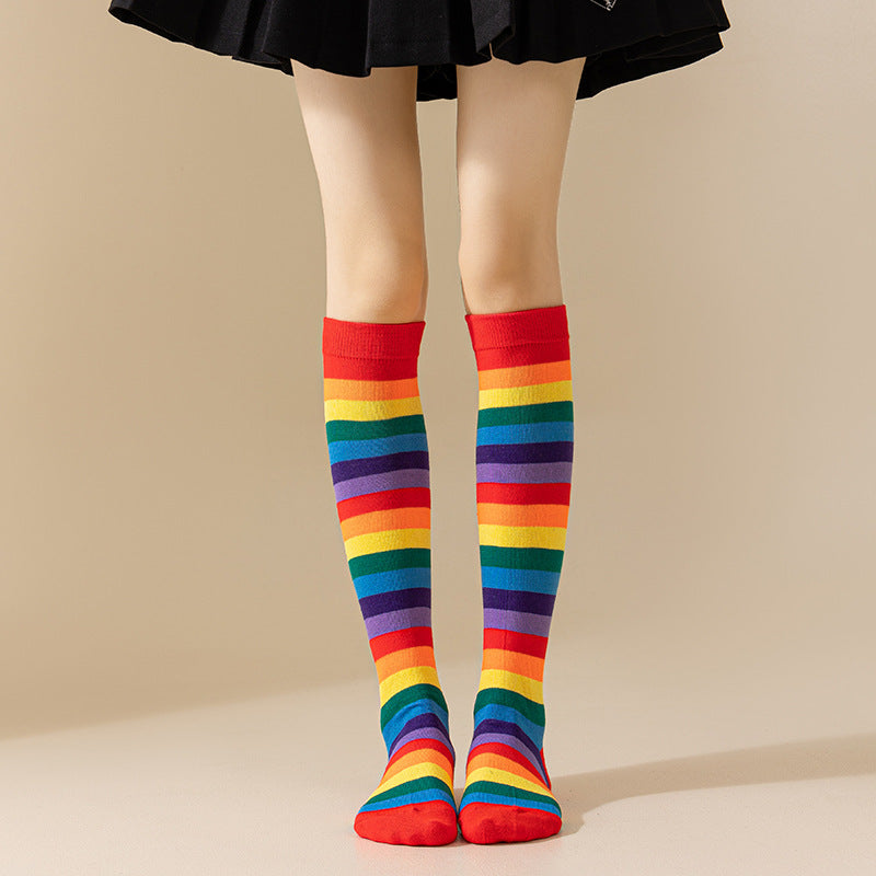 Rainbow Striped European and American Socks Women's Long Tube Party Show Halloween Cosplay Calf Socks