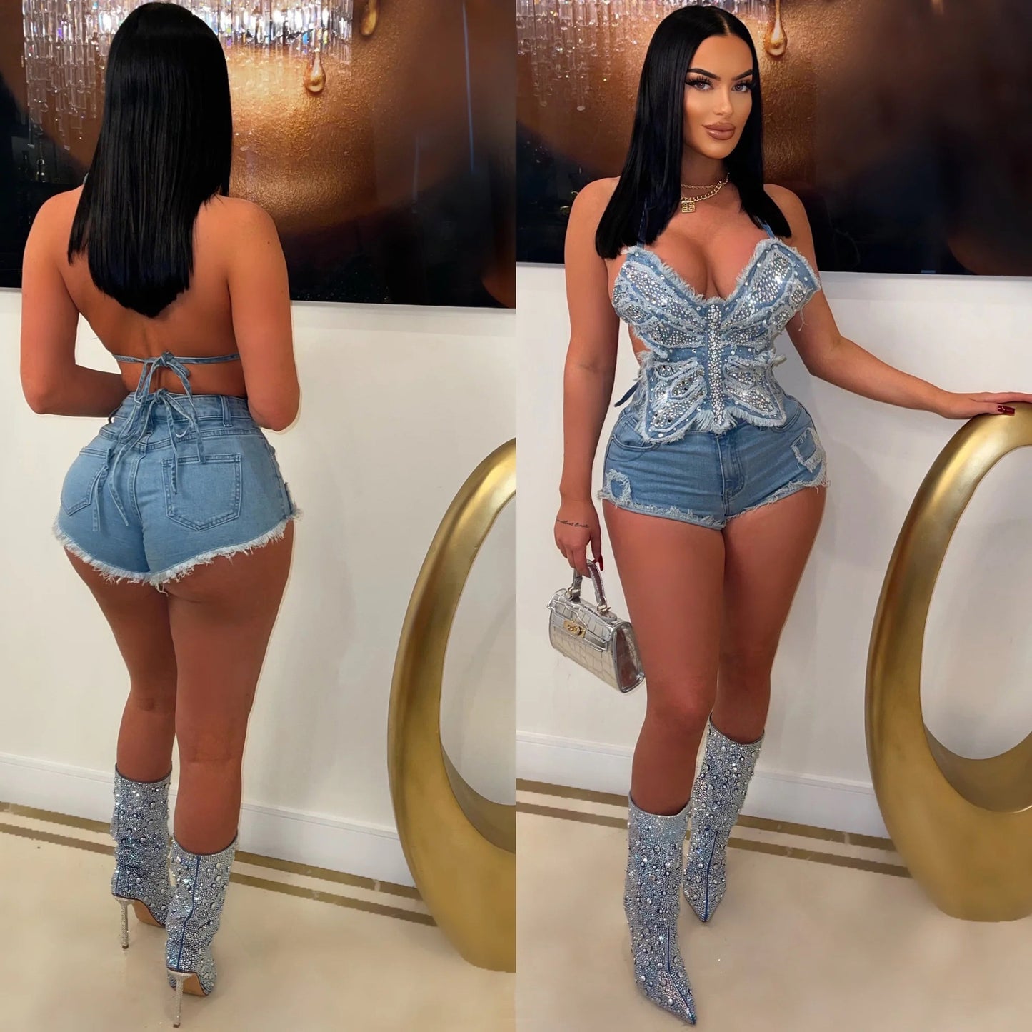 Sparkling Butterfly Strap Denim Top - Distressed Wash & Raw Hem for Summer Vibes
