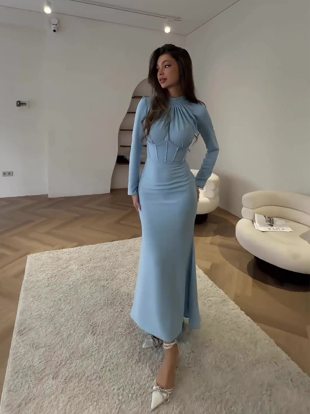 Runway Halter Evening Dress - Red Carpet Asymmetric Hem Long Sleeve Gown