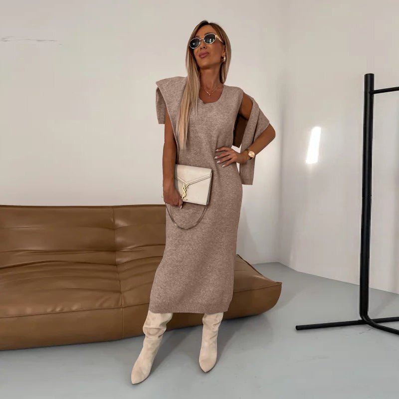 New Sweater Dress Autumn and Winter Turtleneck Long Dress Two-piece Set Solid Color Knitted Dress