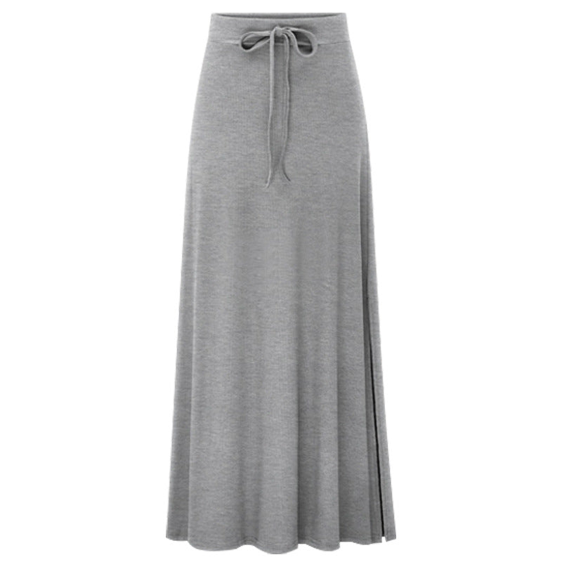 Large Size Women's Clothing Fashion Knitted Skirt High Waist Medium and Long Slit A-shaped Skirt Elastic Over The Knee