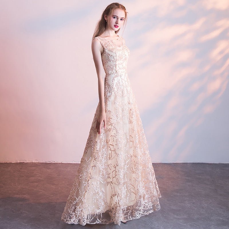 Evening dress new banquet host long thin sleeveless temperament socialite lace champagne dress