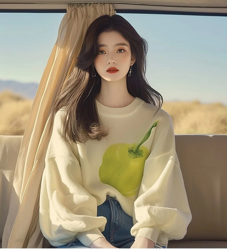 Women’s Oversized Apricot Print Lightweight Knit Sweater | Casual Chic Lazy Style Layering Top