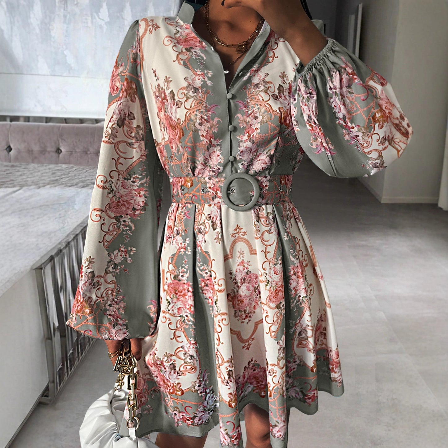 Spring Floral Midi Dress: Vintage Belted Fit, Puffed Sleeves & Mock Neck