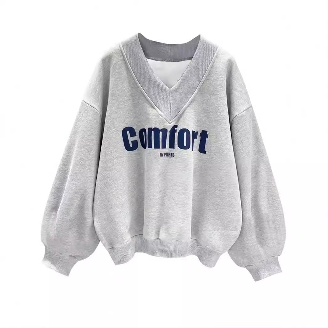 Trendy Brand Autumn New Gray Sweater Women's Fashion Casual Loose Versatile V-neck Top