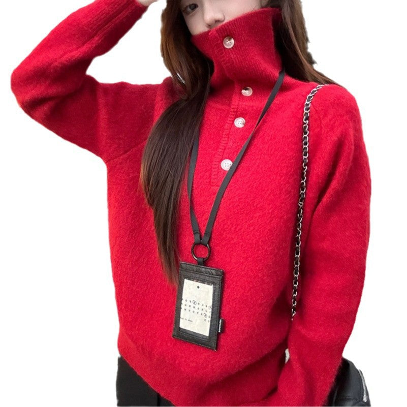 Design Sense New Year's Turtleneck Red Sweater Women's New Lazy Style Casual Knitted Sweater Women