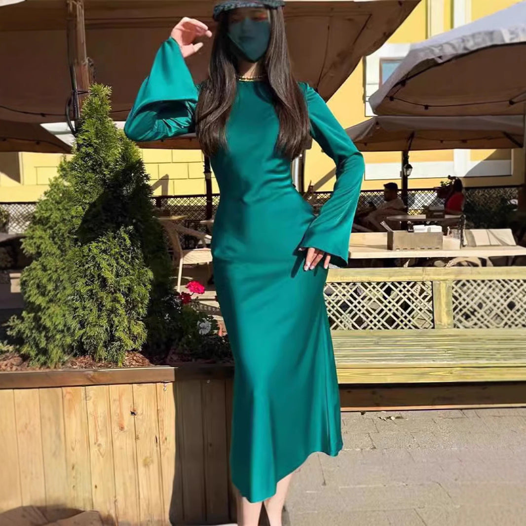 Élégant French Dress: Solid Color, Long Sleeve Bodycon Midi Skirt - Timeless Fall Transition
