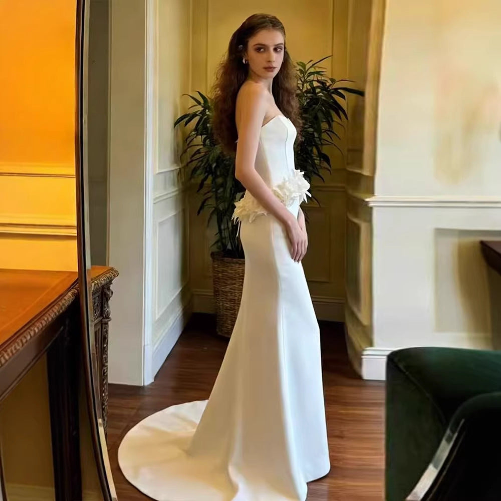 French Tube Top Satin Light Wedding Dress Bridal High Sense Engagement Dress Skirt Fishtail Welcome Out
