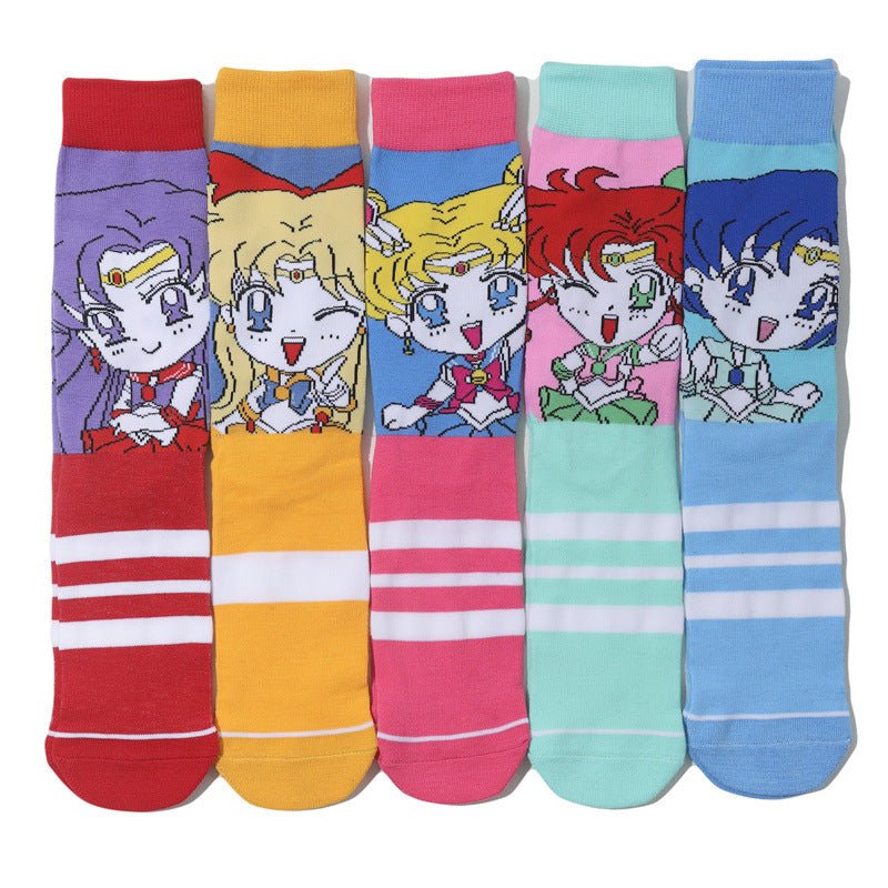 Female Casual Cotton Medium Tube Sailor Moon Anime Manga Day Man Women's Socks-5prs