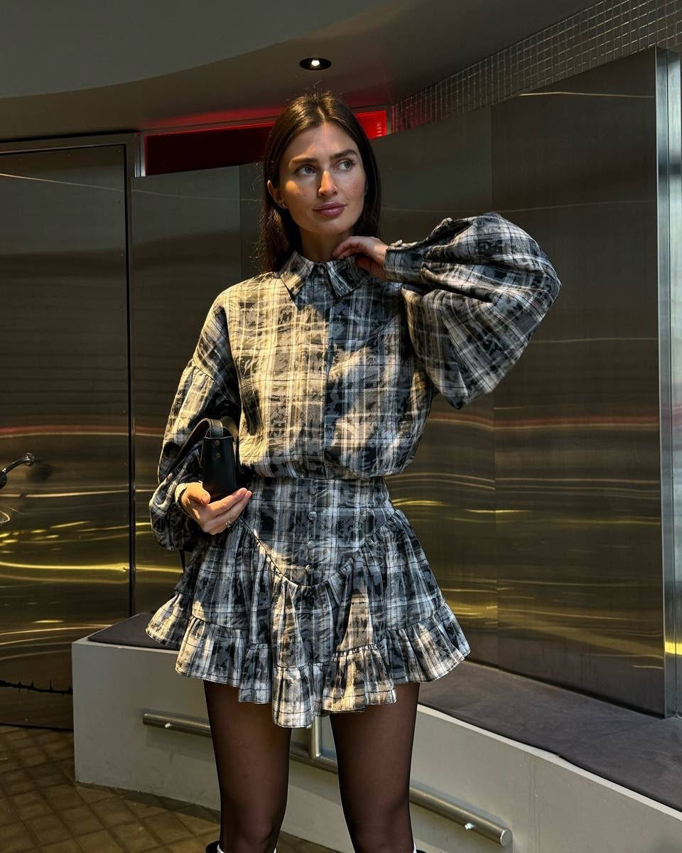 New Temperament Suit Women's Clothing High-end Spring Plaid Design Lotus Leaf Edge Short Skirt Two-piece Set