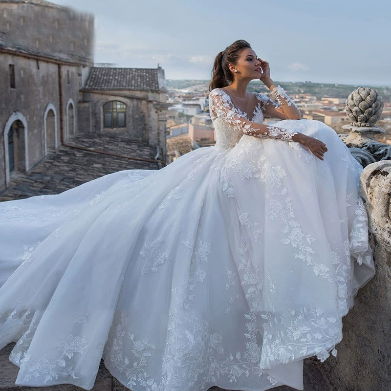 Ethereal V-Neck Wedding Gown | Vintage-Inspired Train & Long Sleeves | Fairy Mori Princess Silhouette