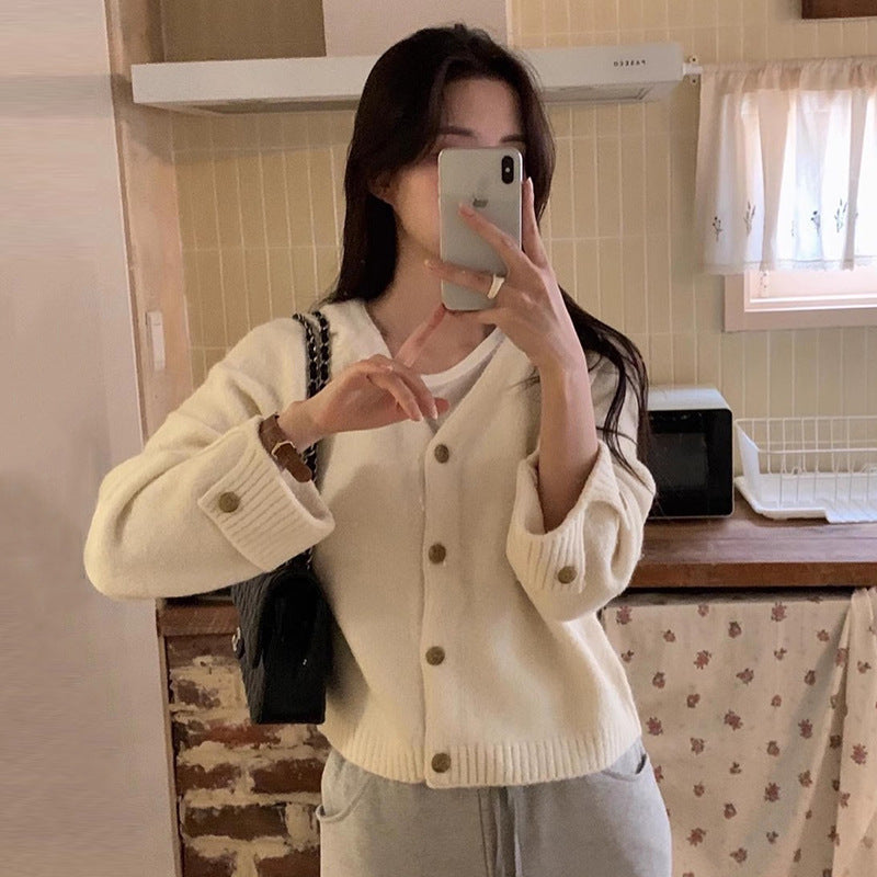 Simple V-neck Knitted Cardigan for Women's Autumn and Winter New Lazy Wind Turned Sleeves Sweater for Women