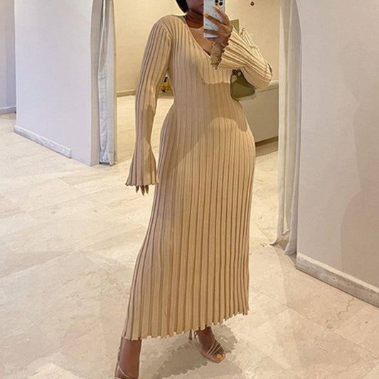 Autumn and Winter New Knitted Dress Casual Waist V-neck Large Pit Strip Thin Knitted Dress Women
