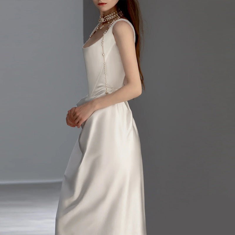 Satin Light Wedding Dress New Retro Simple Going Out Yarn Small Trailing Suspender Dress Evening Dress